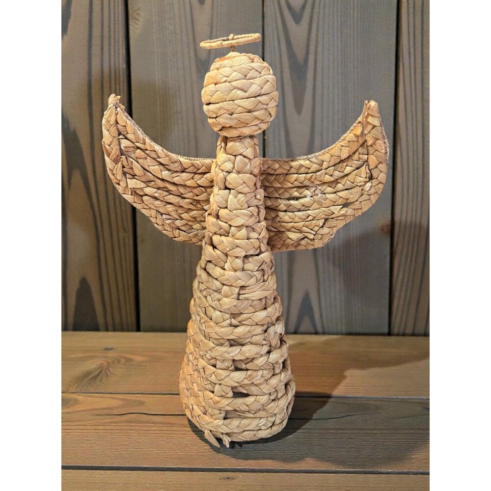 Handwoven Seagrass Angel Tree Topper Figurine With Burlap Wings 13" Rustic Home